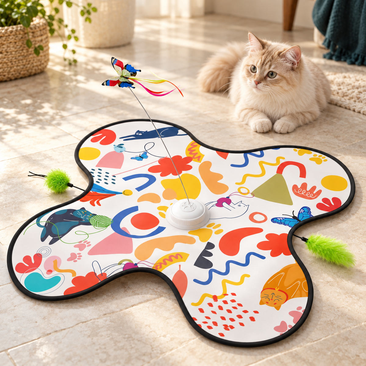 Butterfly & Feather Interactive Cat Toy in a sunlit home with a curious cat