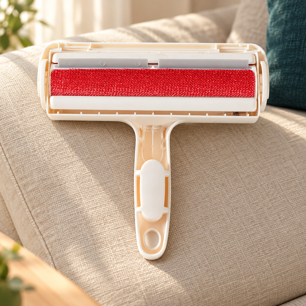 Pet Hair Remover Roller Brush in a warm home setting