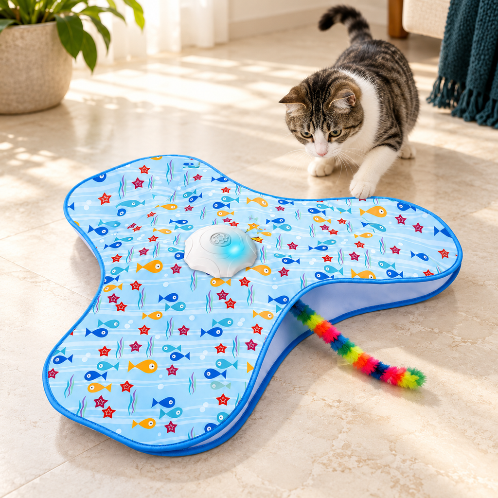 Hide-and-Seek Plush Tail Cat Toy in a sunlit home with a curious cat