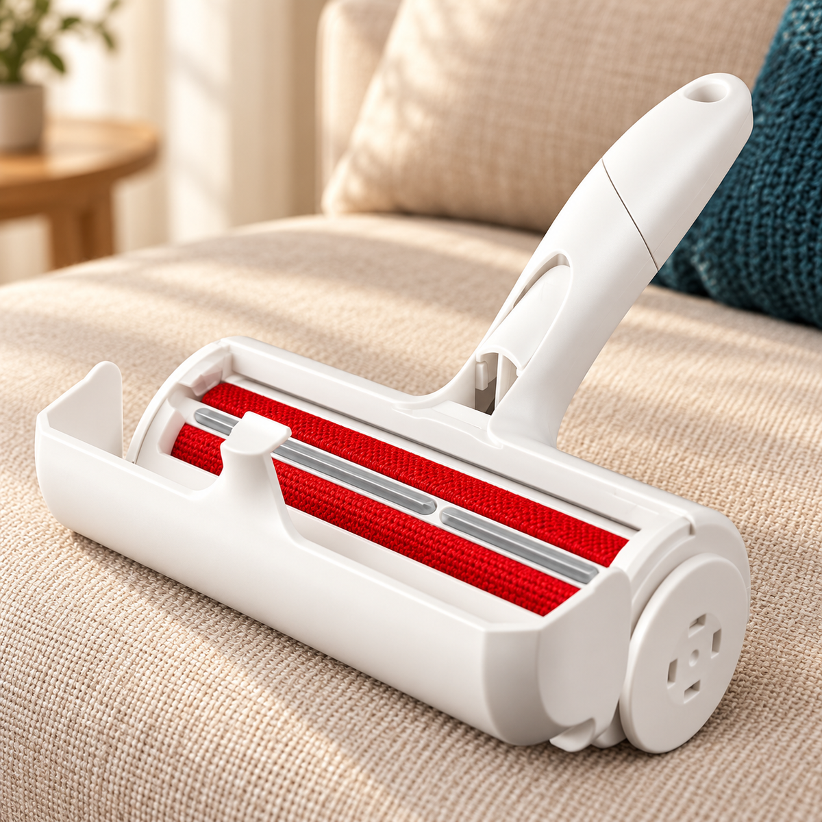 White and red reusable pet hair remover roller on a beige sofa