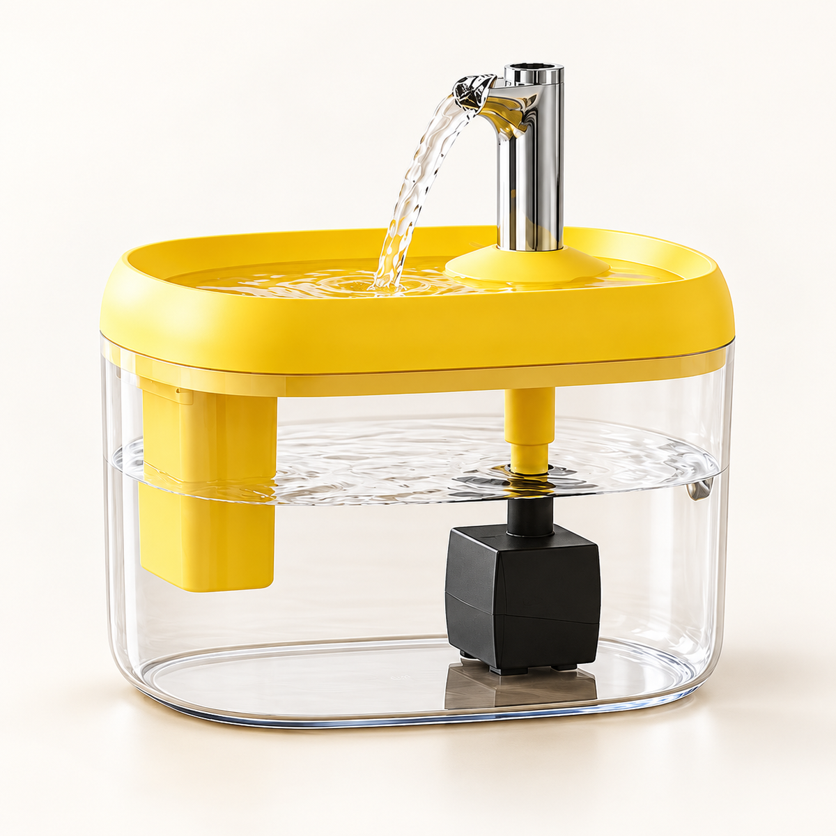Yellow 2.5L pet water fountain with a transparent tank and flowing water on a clean studio background